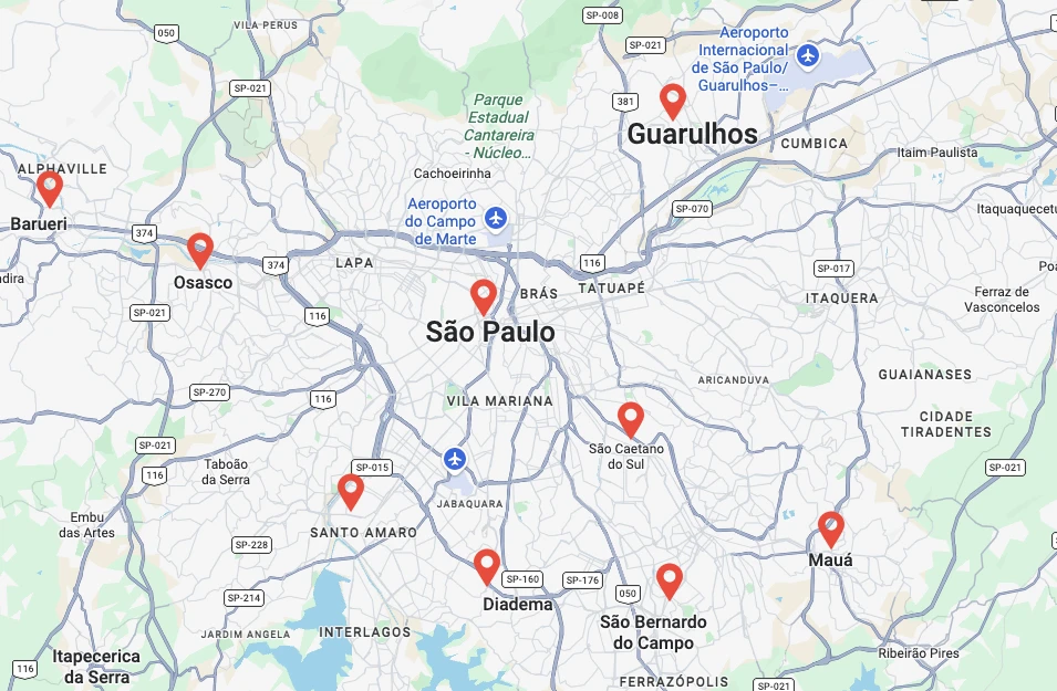 Mapa de áreas de atendimento